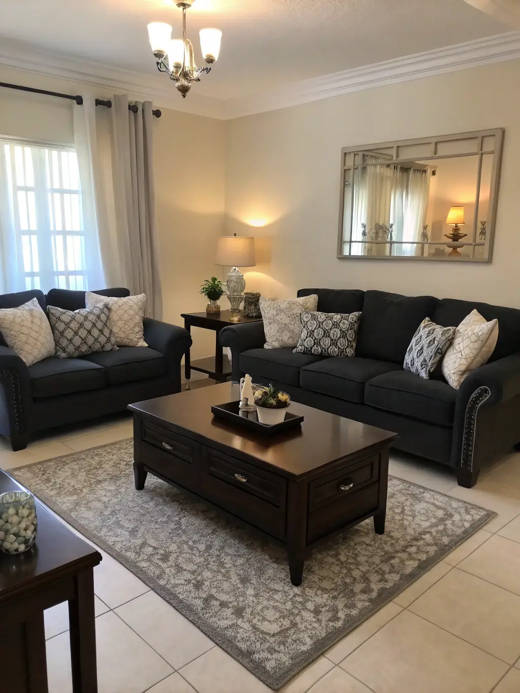 A brightly lit living room with a spotless hardwood floor, showcasing the results of a professional floor cleaning service by Cleaning City 616.